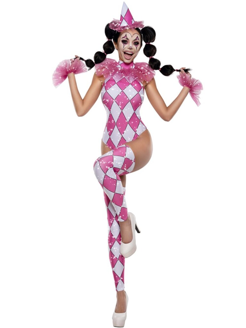 Diamond Clown Teddy Costume for Women with Rhinestone & Tulle Details